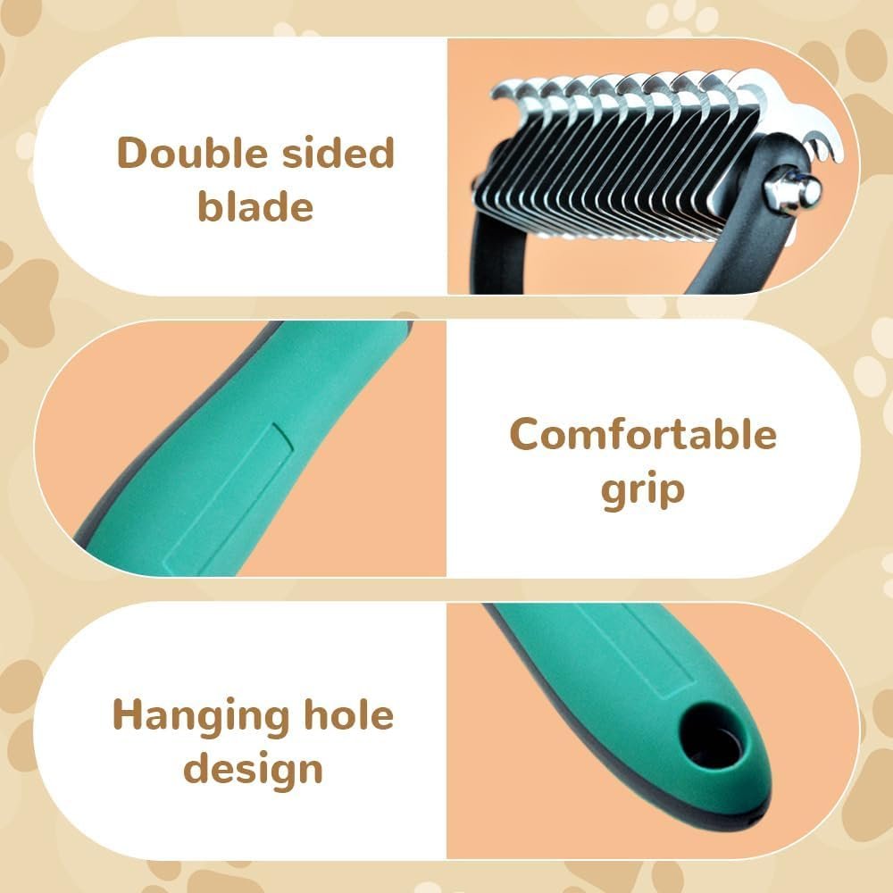 Pet Grooming Brush, 2026 New Multifunctional Double-Sided Undercoat Rake for dogs, Durable Dematting Tool for long haired cats, Easy Grip Fur Remover Comb for home use (Green) - Image 5