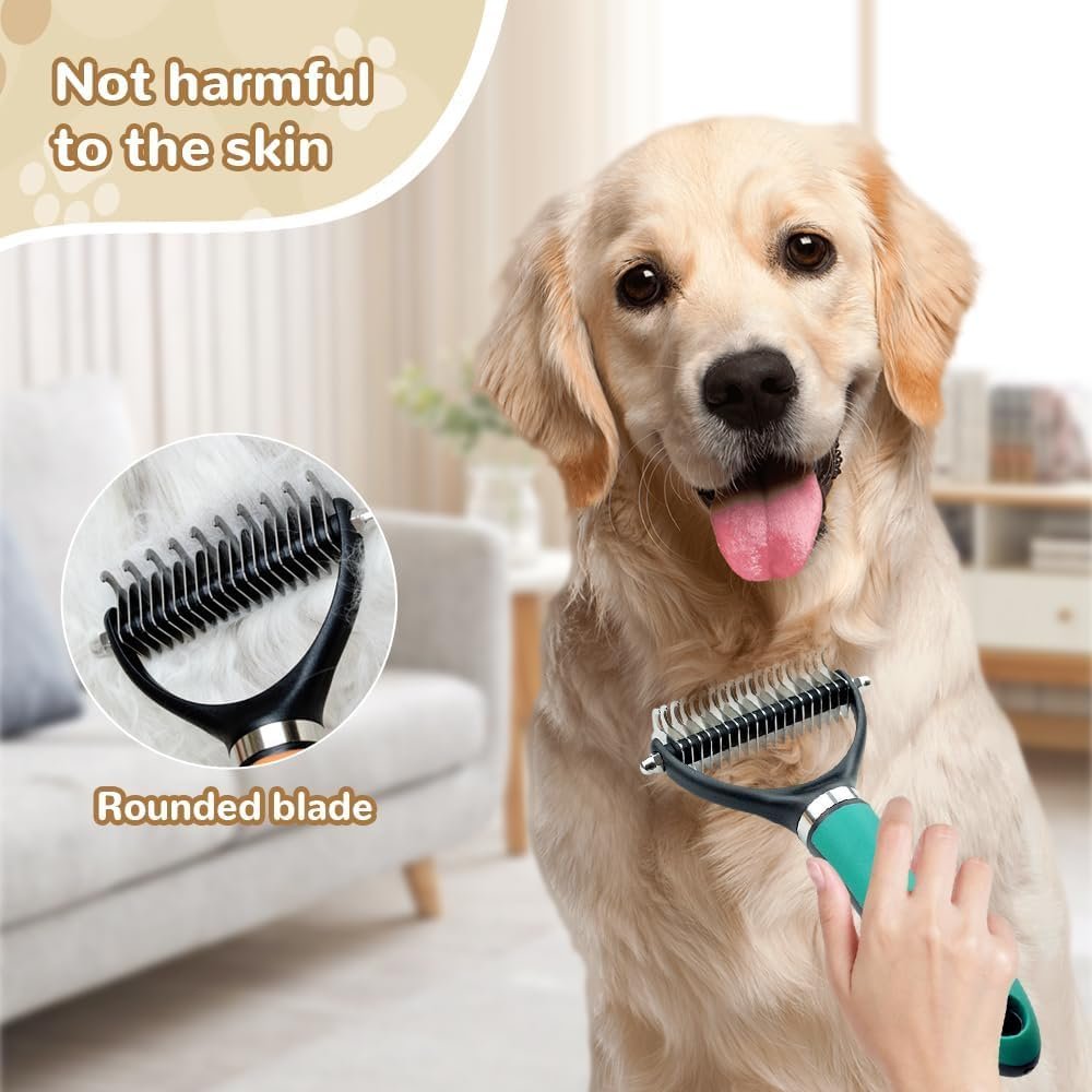 Pet Grooming Brush, 2026 New Multifunctional Double-Sided Undercoat Rake for dogs, Durable Dematting Tool for long haired cats, Easy Grip Fur Remover Comb for home use (Green) - Image 6