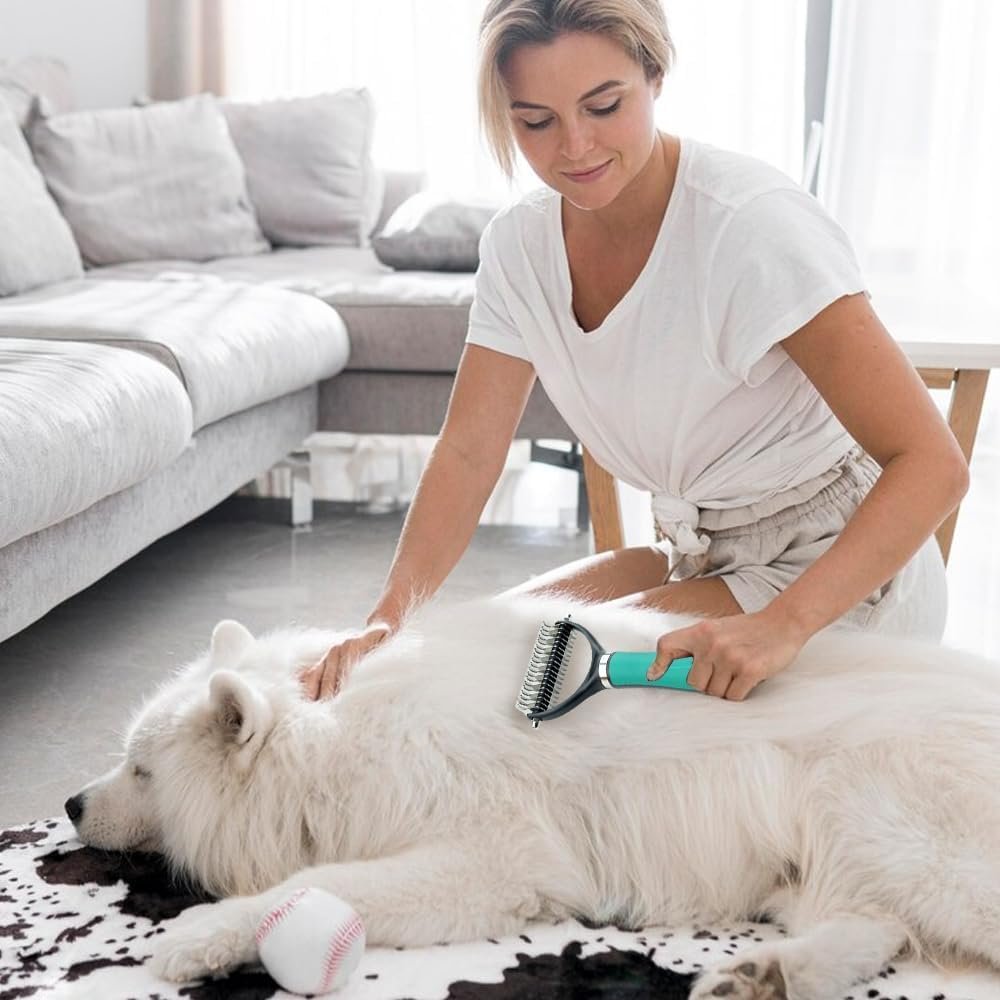 Pet Grooming Brush, 2026 New Multifunctional Double-Sided Undercoat Rake for dogs, Durable Dematting Tool for long haired cats, Easy Grip Fur Remover Comb for home use (Green) - Image 7