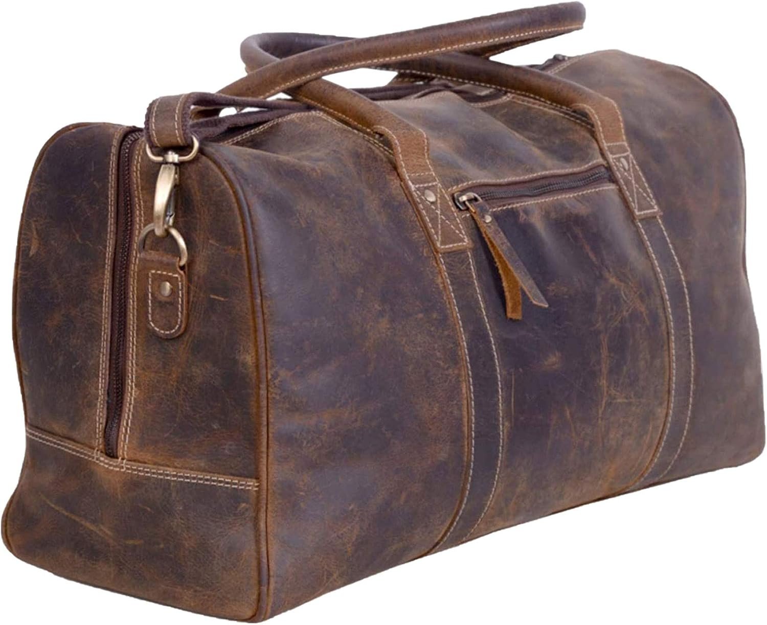 KomalC Leather Duffel Bag for Men Travel Bags Gym Sports Weekend Cabin Overnight Carry on Bag Full Grain Brown 24 inch