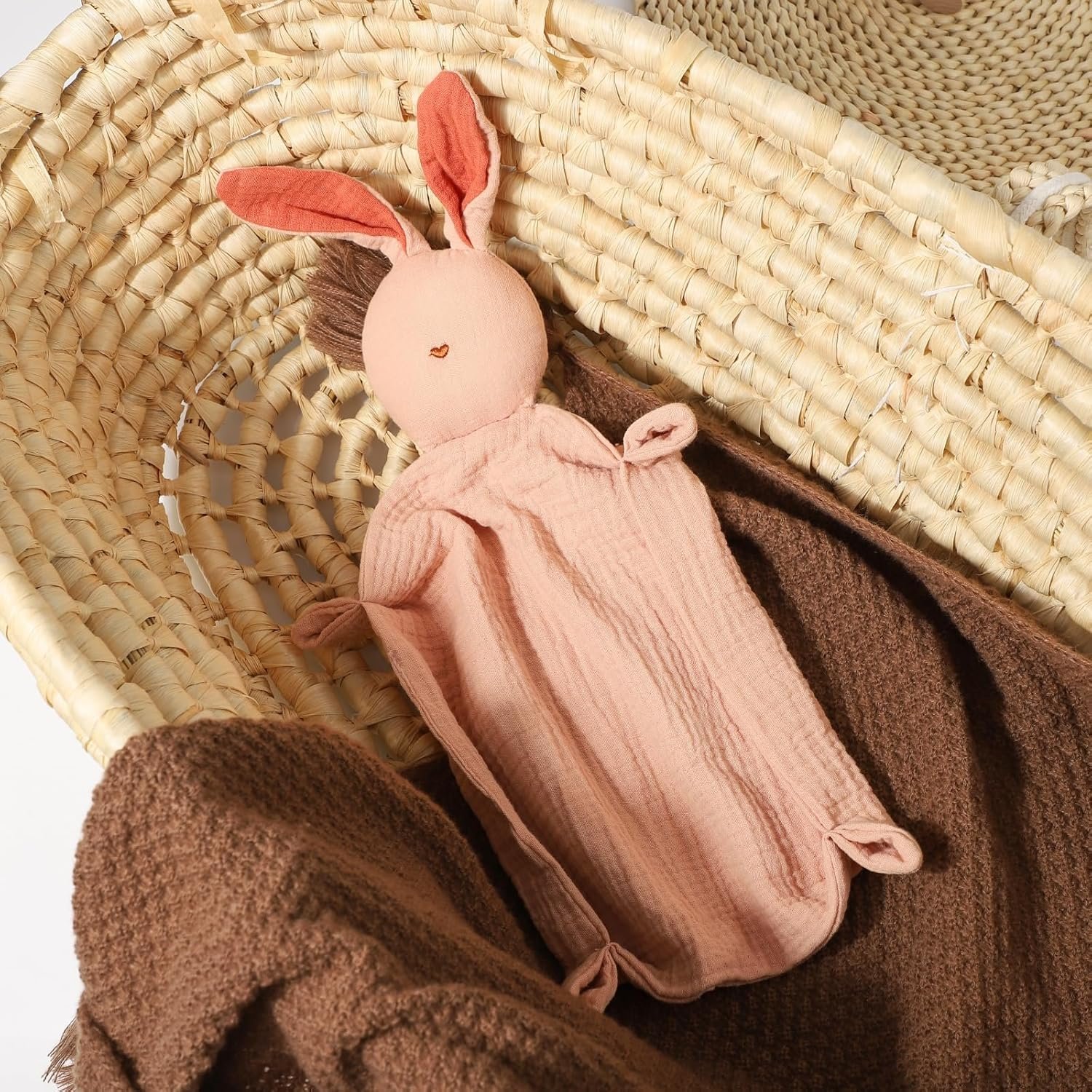 Insular Bunny Lovey Blanket for Boys and Girls, Organic Cotton Muslin Security Blanket for Babies, Soft Breathable Lovie Soothing Towel for Newborn and Infant, Pink&Khaki - Image 2