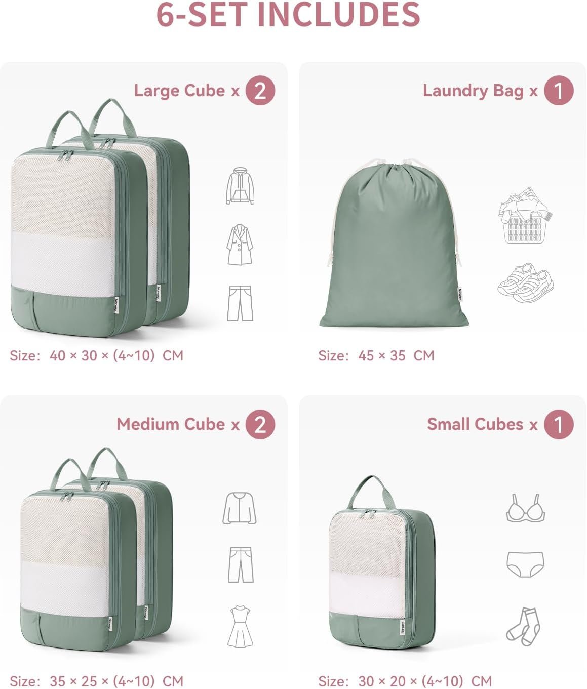 Narwey 6 Set Compression Packing Cubes Travel Organizer, Packing Cubes Compressible with ID Tag for Carry on Luggage, Travel Essentials Accessories with Laundry Bag (Sage Green) - Image 3