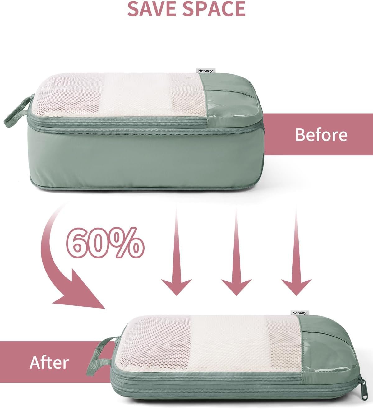 Narwey 6 Set Compression Packing Cubes Travel Organizer, Packing Cubes Compressible with ID Tag for Carry on Luggage, Travel Essentials Accessories with Laundry Bag (Sage Green) - Image 4