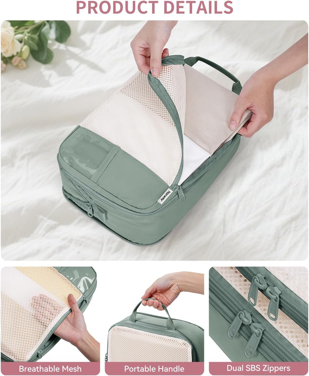 Narwey 6 Set Compression Packing Cubes Travel Organizer, Packing Cubes Compressible with ID Tag for Carry on Luggage, Travel Essentials Accessories with Laundry Bag (Sage Green) - Image 5