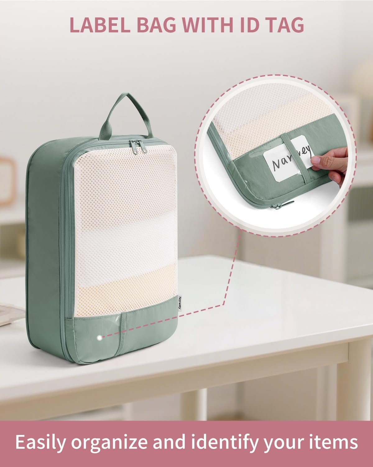 Narwey 6 Set Compression Packing Cubes Travel Organizer, Packing Cubes Compressible with ID Tag for Carry on Luggage, Travel Essentials Accessories with Laundry Bag (Sage Green) - Image 6