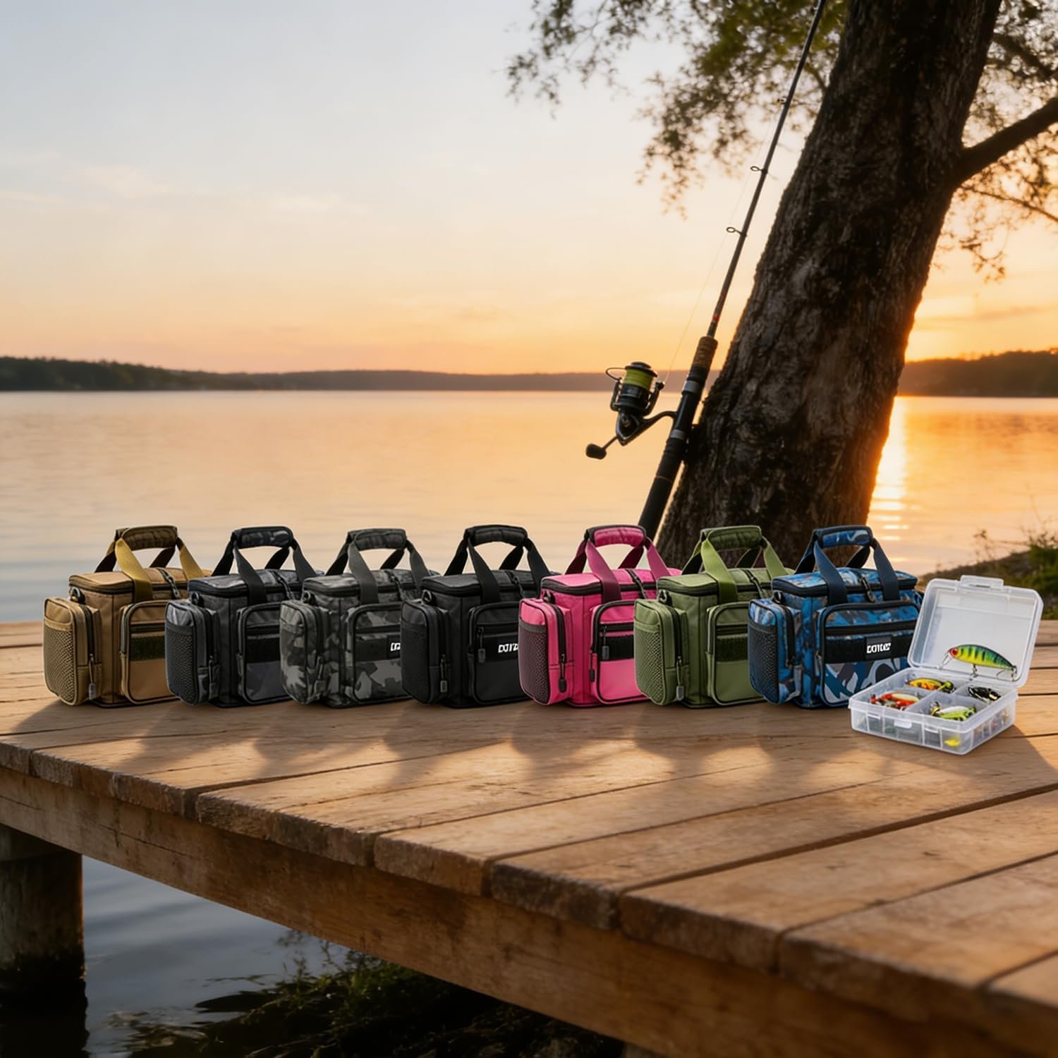 Goture 17L Fishing Tackle Bag, Water-Resistant 600D Storage Bag with Adjustable Shoulder Strap, Compact Fishing Gear Organizer with Multiple Pockets, Green Camo, Can Store 3 3600 Box (Not Included) - Image 8