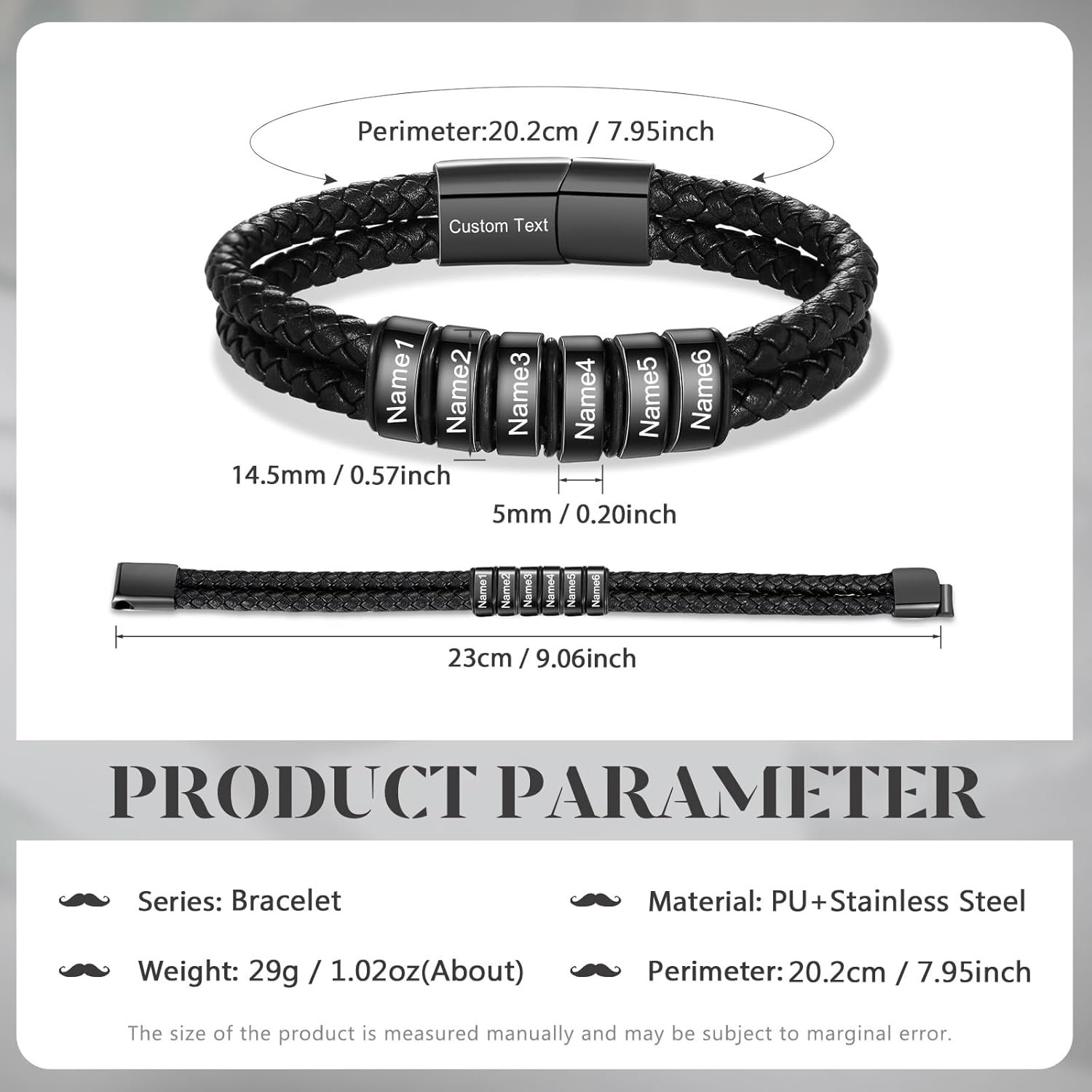 Personalized Leather Name Bracelet for Men – Custom Braided Mens Bracelet with 2-6 Engraved Beads, Unique Fathers Day Gift for Dad, Husband, Son, Grandpa - Image 2