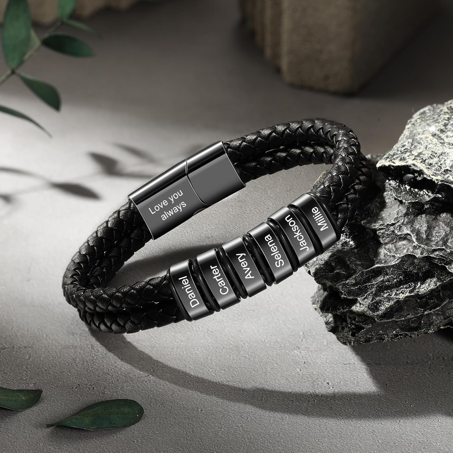 Personalized Leather Name Bracelet for Men – Custom Braided Mens Bracelet with 2-6 Engraved Beads, Unique Fathers Day Gift for Dad, Husband, Son, Grandpa - Image 4
