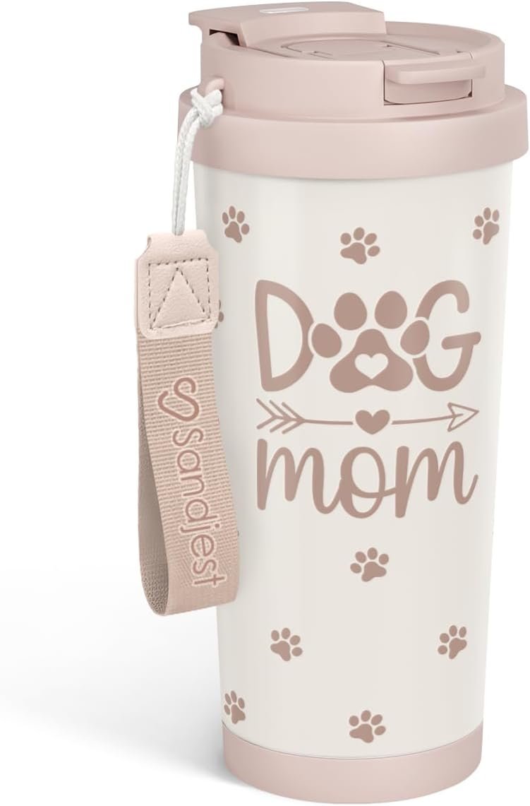 SANDJEST Dog Mom Tumbler - Stainless Steel 2-in-1 Lid Coffee Tumbler 18 oz, Insulated Travel Mug Gift for Dog Lovers Women Girls Mother, Birthday Christmas Mother's Day