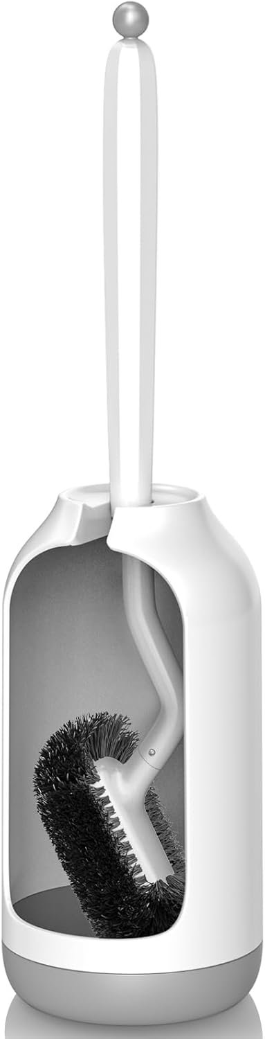 HAMITOR Toilet Brush and Holder Set: Curved Design Bathroom Toilet Bowl Cleaner Brush for Deep Cleaning Under Rim- Flexible Bristles Toilet Scrubber with Long Handle- Modern Travel RV Tools- White