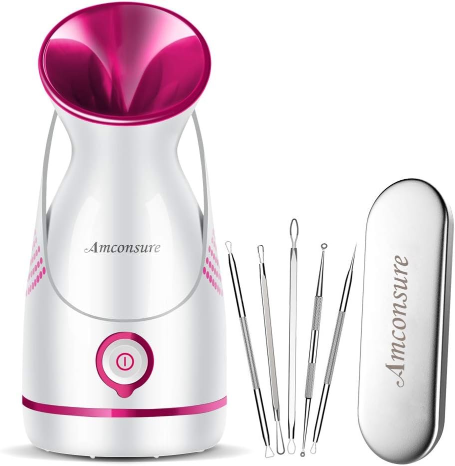 Amconsure Facial Steamer - Nano Ionic Face Steamer Warm Mist Steamer for Home Sauna SPA, Humidifier for Face Steamer for Deep Cleaning Unclogs Pores Sinuses - Bonus 5 Piece Stainless Steel Skin Kit