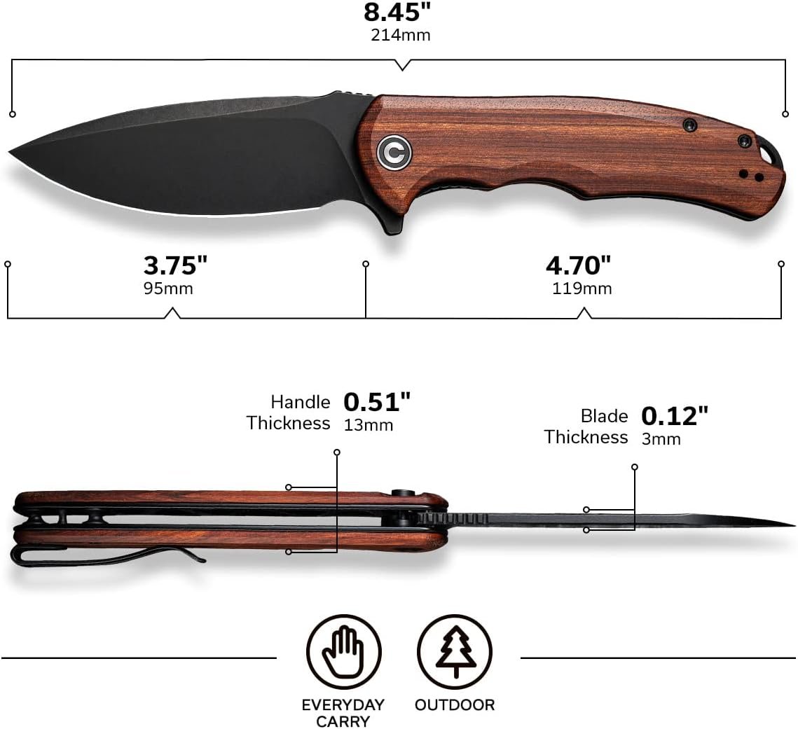 CIVIVI Folding Pocket Knife- Praxis Flipper Liner Lock Knife, 3.75" Black Stonewashed Blade with Cuibourtia Wood Handles, Reversible Clip for Everyday Carry Outdoor Use C803H - Image 3