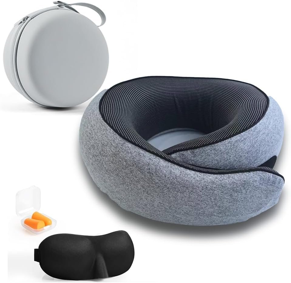 Travel Neck Pillow with Memory Foam & Chin Support – Includes Cute Macaron EVA Water-Resistant Carry Case, Eye Mask & Ear Plugs (Light Gray)