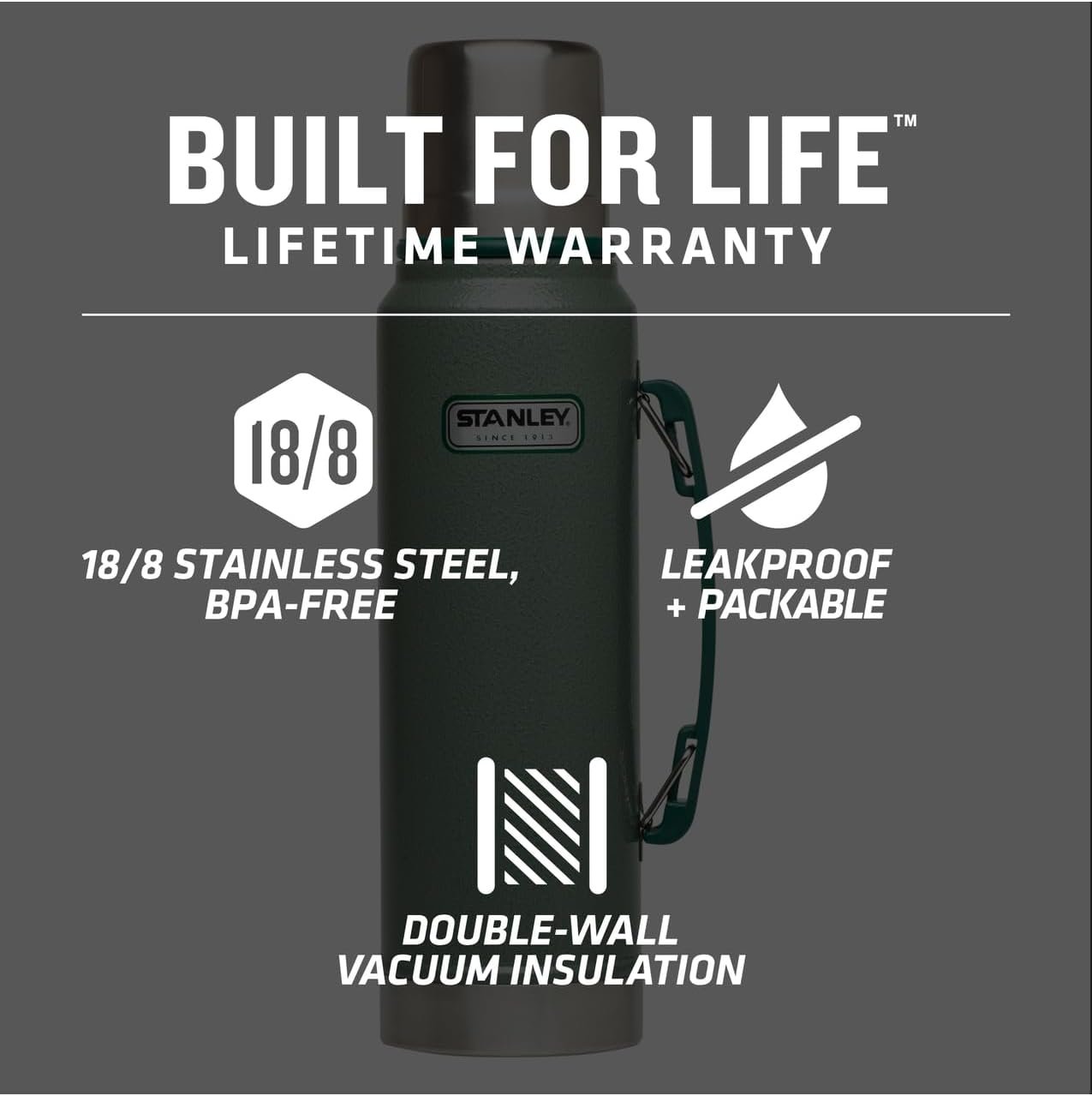 Stanley Heritage Classic Vacuum Bottle with Handle 1.1 qt | Wide Mouth w/Leakproof Cup Lid | Keep Drinks Hot or Cold | Insulated Stainless Steel Thermal Bottle | BPA-Free | Hammertone Green - Image 2