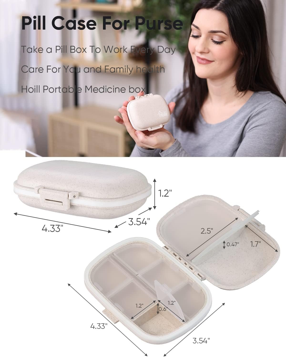 Holii Travel Pill Organizer, 8 Compartments Portable Pill Case, Daily Pill Box to Hold Vitamins, Small Pill Container for Pocket Purse Medicine Organizer(Khaki) - Image 3