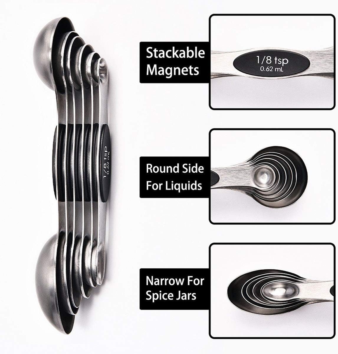 DILISS Magnetic Measuring Spoons Set, Dual Sided, Stainless Steel, Fits in Spice Jars, Set of 8 for Measuring Dry and Liquid Ingredients (Black) - Image 6