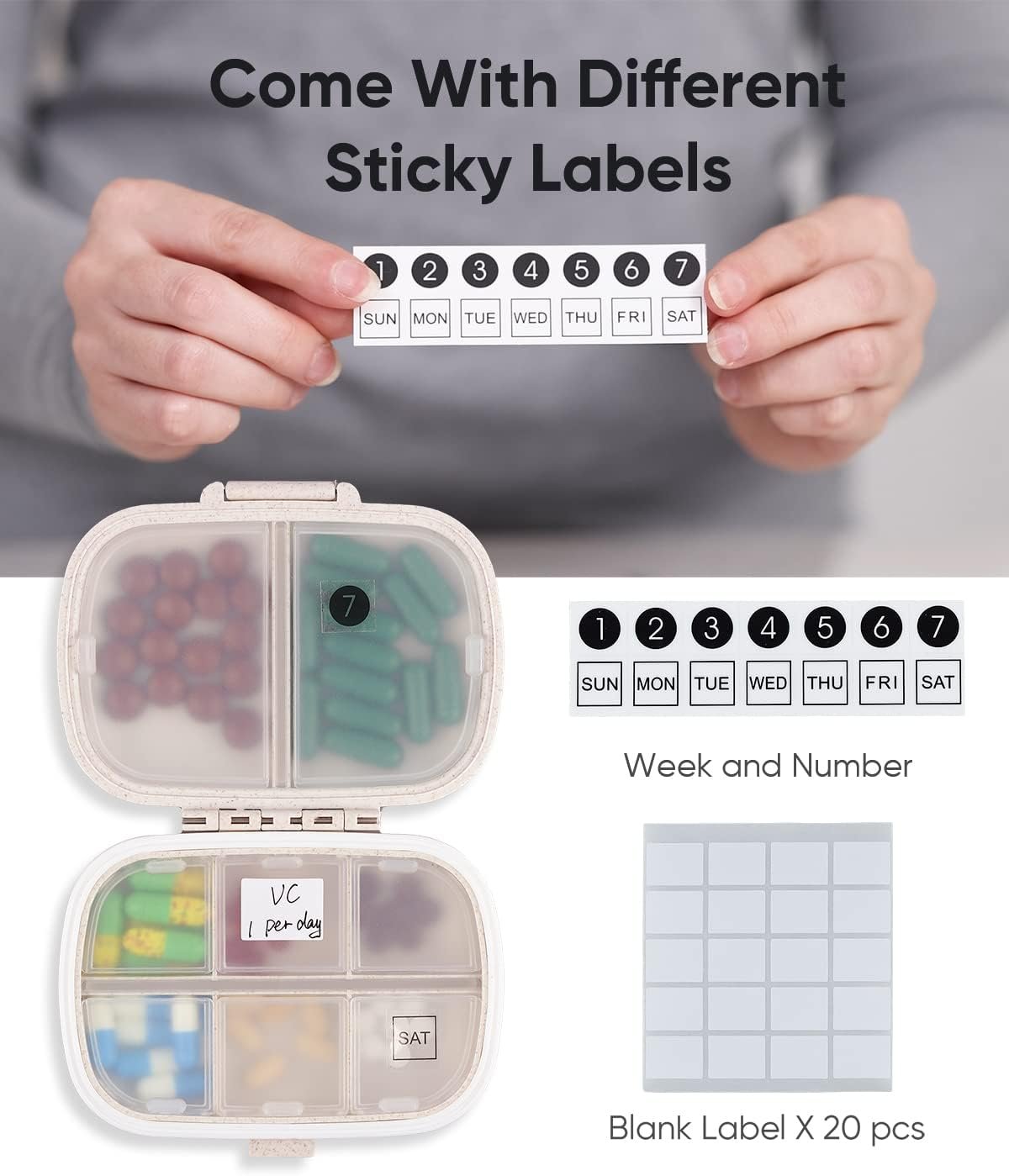 Holii Travel Pill Organizer, 8 Compartments Portable Pill Case, Daily Pill Box to Hold Vitamins, Small Pill Container for Pocket Purse Medicine Organizer(Khaki) - Image 2