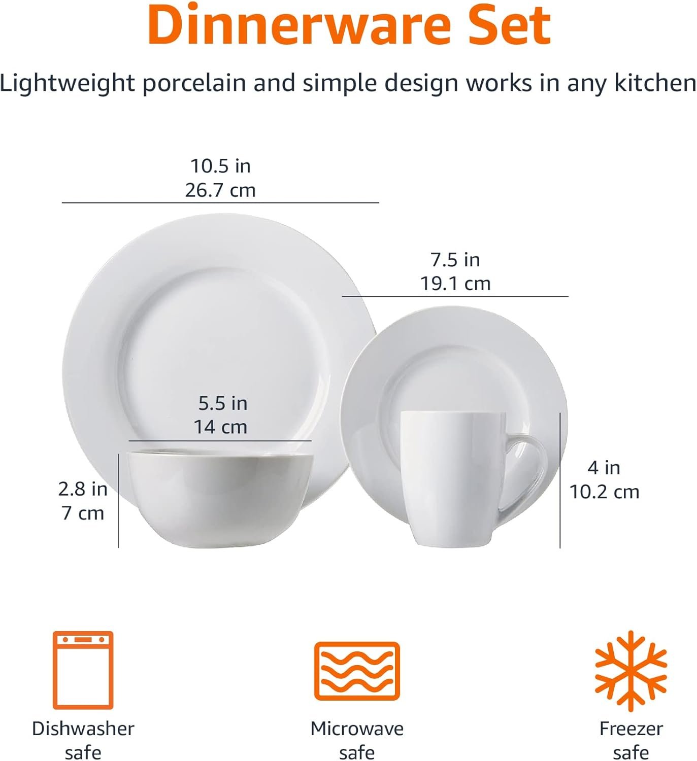 Amazon Basics 16-Piece Porcelain Dinnerware Set, Microwave and Dishwasher Safe, Service for 4, Plates, Bowls and Mugs, White - Image 7