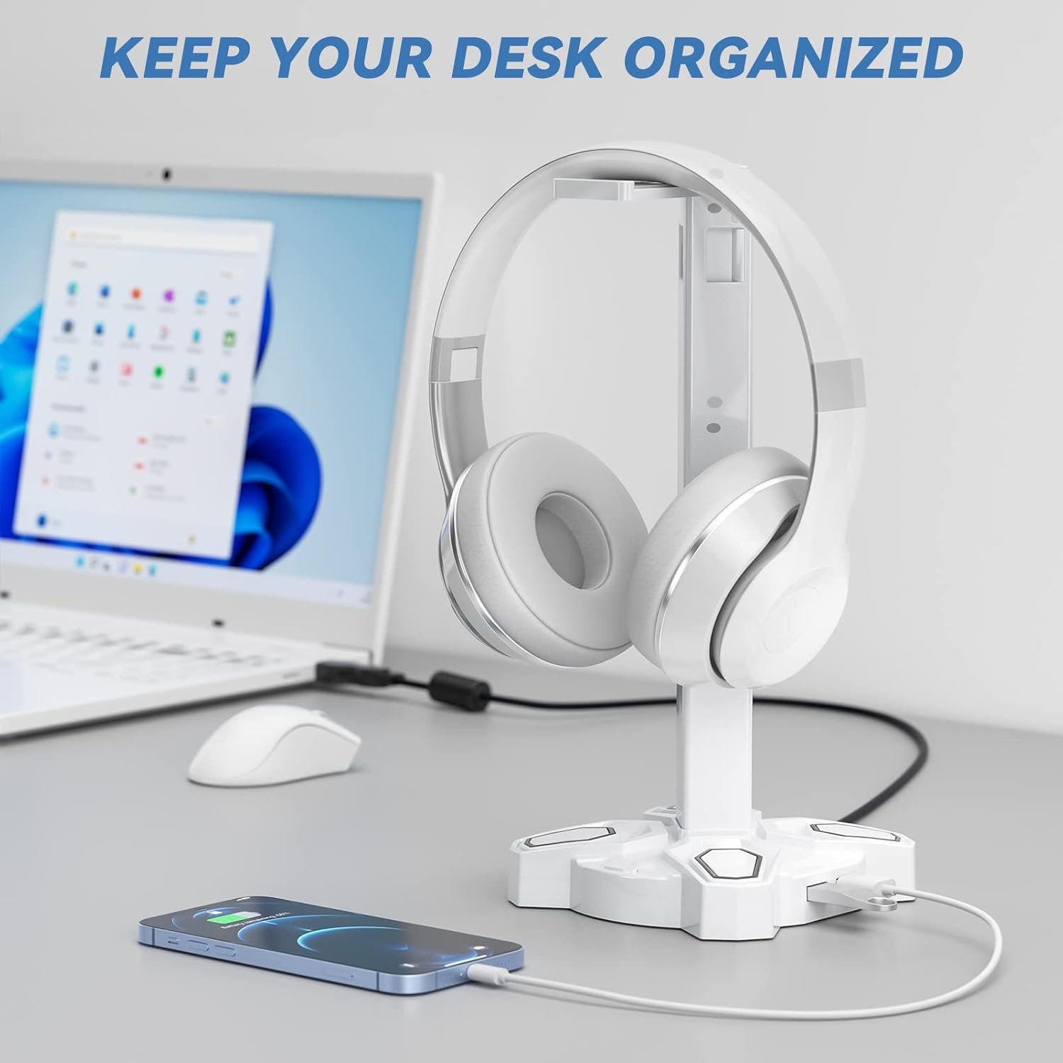 KDD Gaming Headphones Stand, Rotatable Headset Stand with Light Modes - Controller Holder with 2 USB Charging Ports and 3.5mm - Earphone Hanger Accessories for Desktop Gamer(White) - Image 8