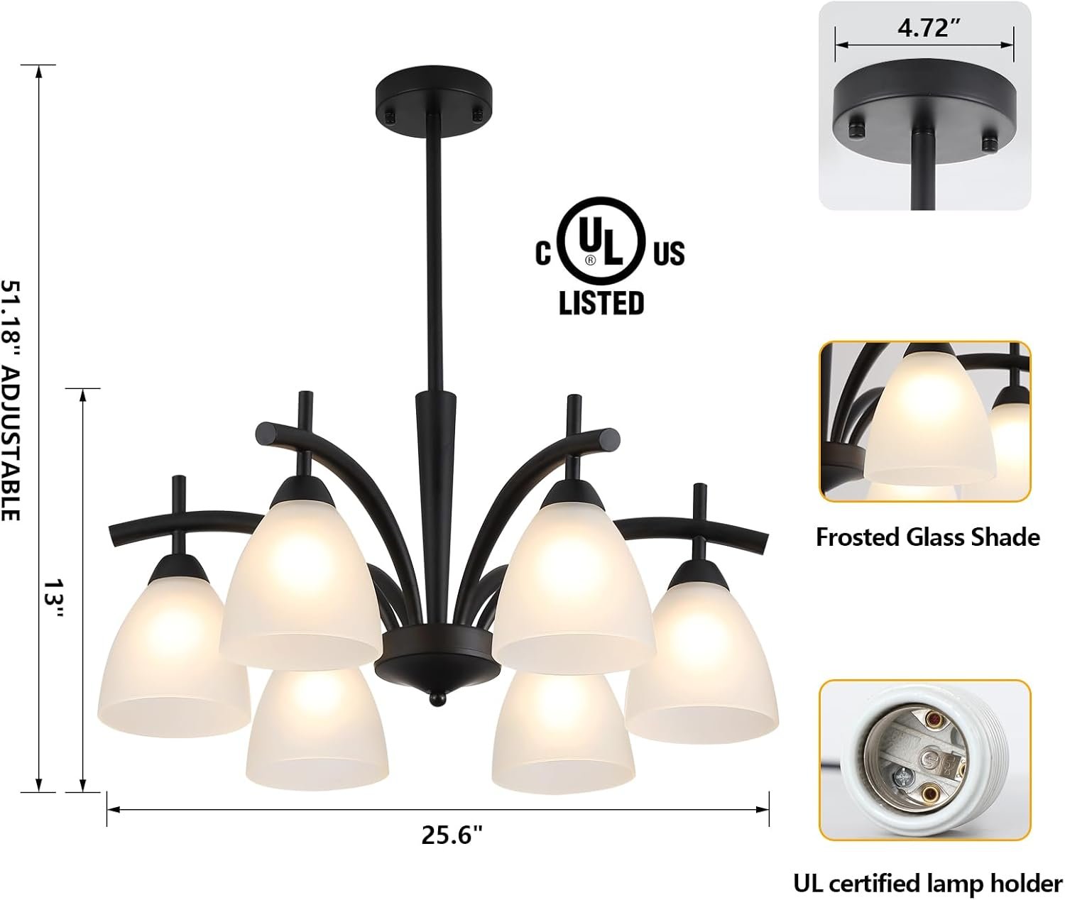 Q&S Modern Farmhouse Black Frosted Glass Chandelier Rustic Kitchen Light Fixtures 6 Lights for Dining Room Living Room Foyer Entryway Bedroom UL Listed D25.6 Inches - Image 2