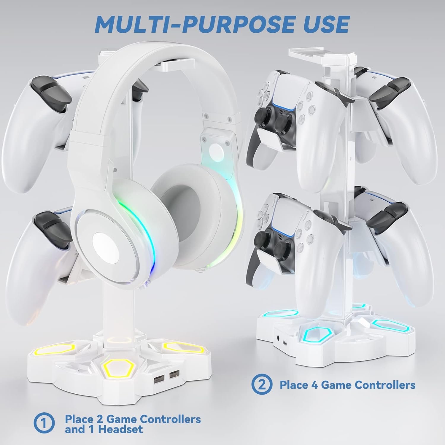 KDD Gaming Headphones Stand, Rotatable Headset Stand with Light Modes - Controller Holder with 2 USB Charging Ports and 3.5mm - Earphone Hanger Accessories for Desktop Gamer(White) - Image 6