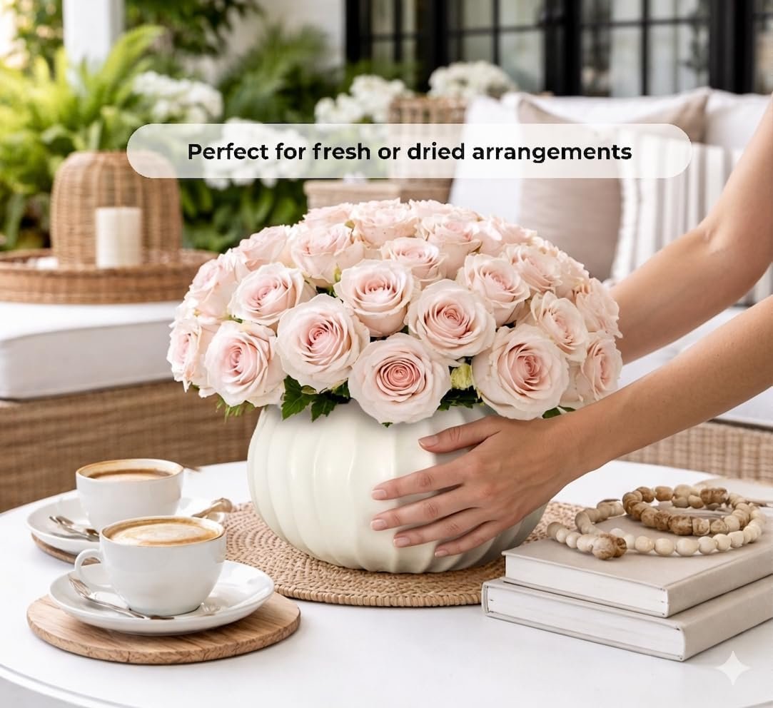Pots & Patterns 11" Large White Ceramic Flower Vase - Modern Ribbed Low Profile Centerpiece for Dining Table & Home Decor - Image 13