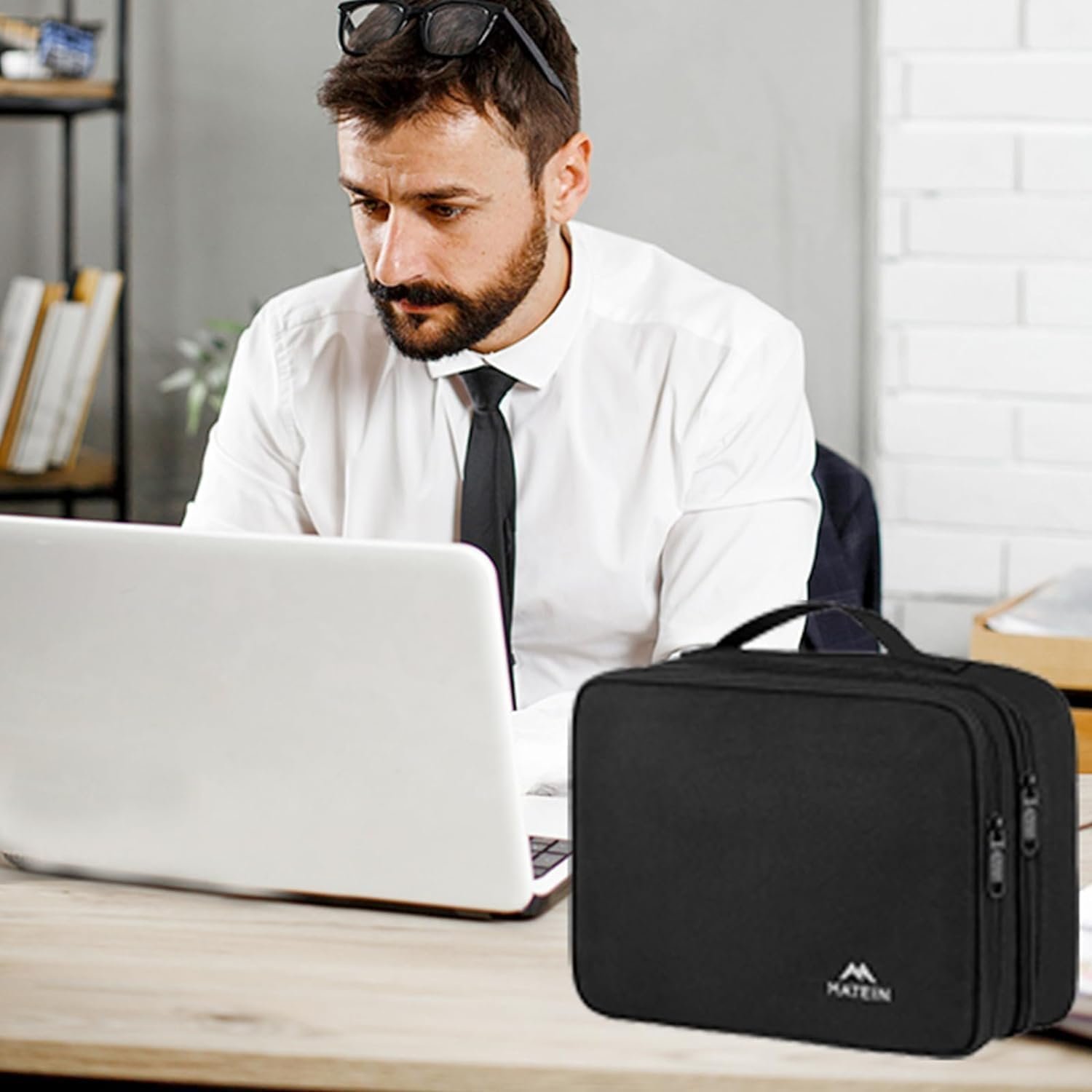 MATEIN Electronics Travel Organizer, Water Resistant Cable Organizer Bag with Handle, Portable Electronic Accessories Case for Men Double Layer Cable Storage Bag for Cord, Charger, iPad mini, Black - Image 9