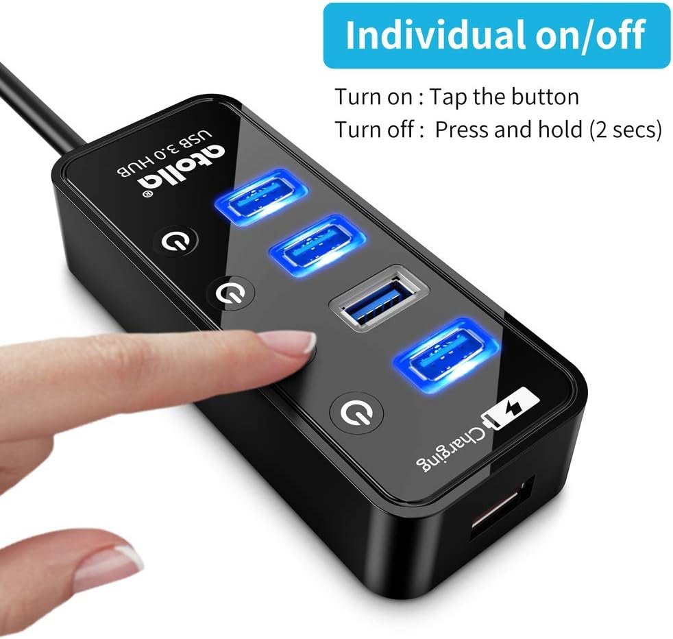 atolla USB hub 3.0 Powered, USB Splitter 4 Port Super Speed USB 3.0 Extension + 1 Charging Port, with Independent on-Off Switch and 5V / 3A AC Adapter - Image 4