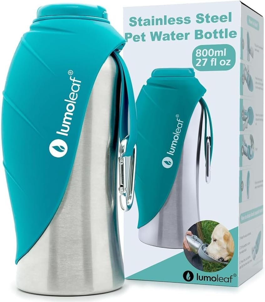 LumoLeaf Portable Dog Water Bottle 800 ml, Stainless Steel Pet Travel Water Bottle Dispenser for Walking, Hiking and Outdoor, Portable Water Bowl for Large Dogs (Blue)