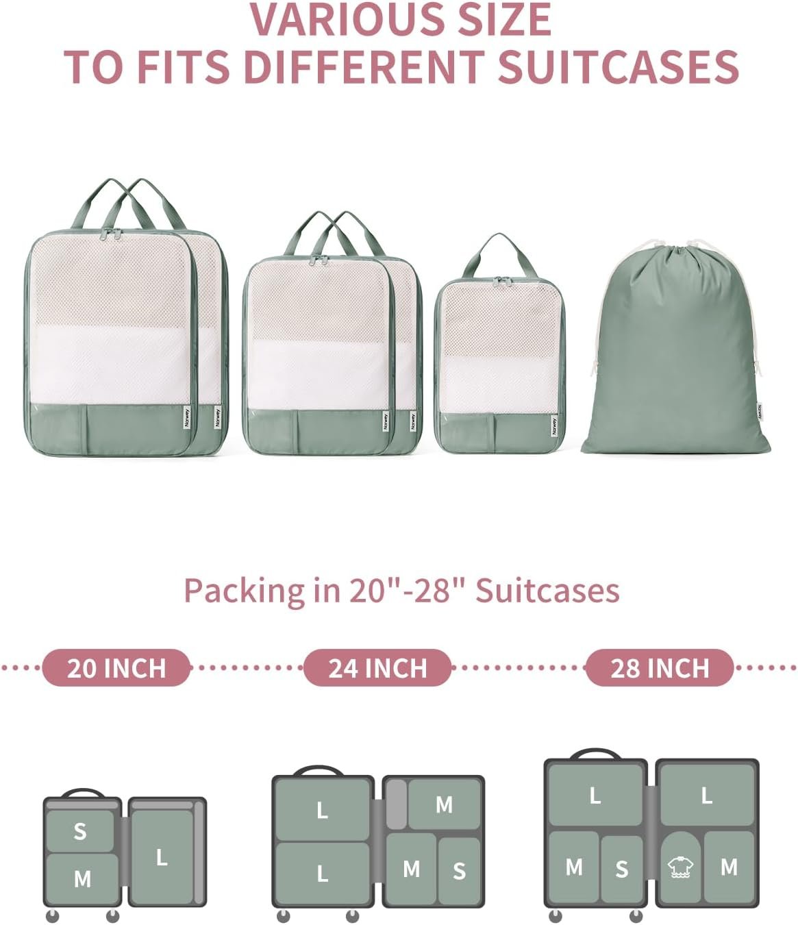 Narwey 6 Set Compression Packing Cubes Travel Organizer, Packing Cubes Compressible with ID Tag for Carry on Luggage, Travel Essentials Accessories with Laundry Bag (Sage Green) - Image 2