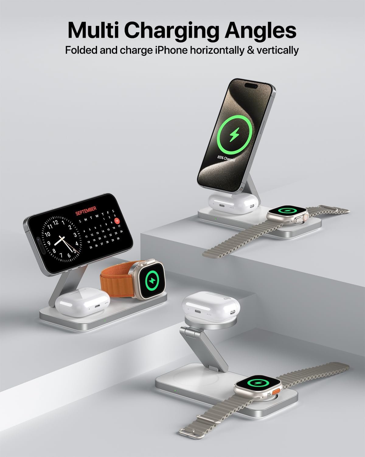 EXW Foldable 3 in 1 Wireless Charging Station for iPhone and Apple Watch,Compatible with Magsafe Charger Stand,Travel Bedside Fast Wireless Charger for iPhone 17e 17 Air 16 15 14 13 12 Series, Airpods - Image 6
