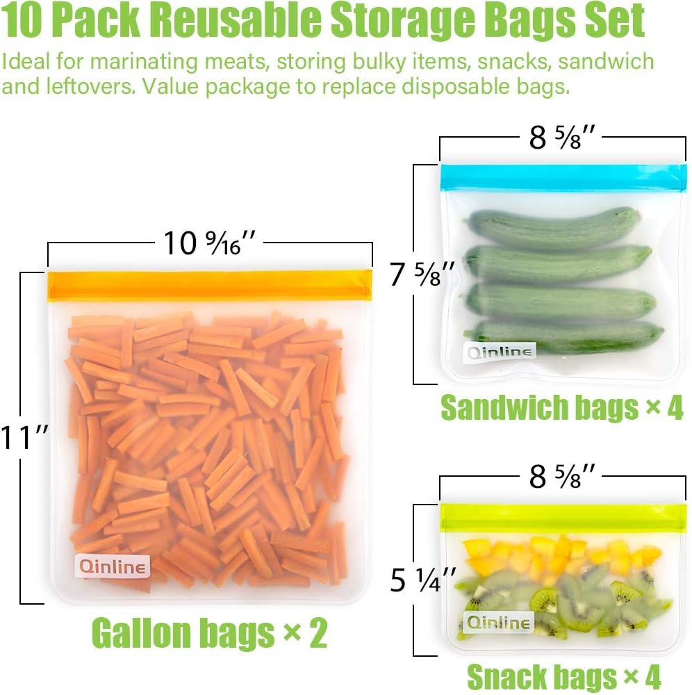 Reusable Storage Bags - 10 Pack BPA FREE Freezer Bags(2 Reusable Gallon Bags + 4 Leakproof Reusable Sandwich Bags + 4 THICK Reusable Snack Bags) Ziplock Lunch Bags for Food Marinate Meat Fruit Cereal - Image 3