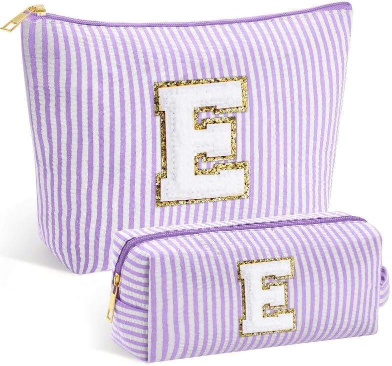Initial Makeup Bag - Cosmetic Bag Pink Make Up Bags Travel Toiletry Organizer Monogram Cute Makeup Bag for Girls Birthday Gifts for Women Teen Girl Personalized Gift(Purple E)