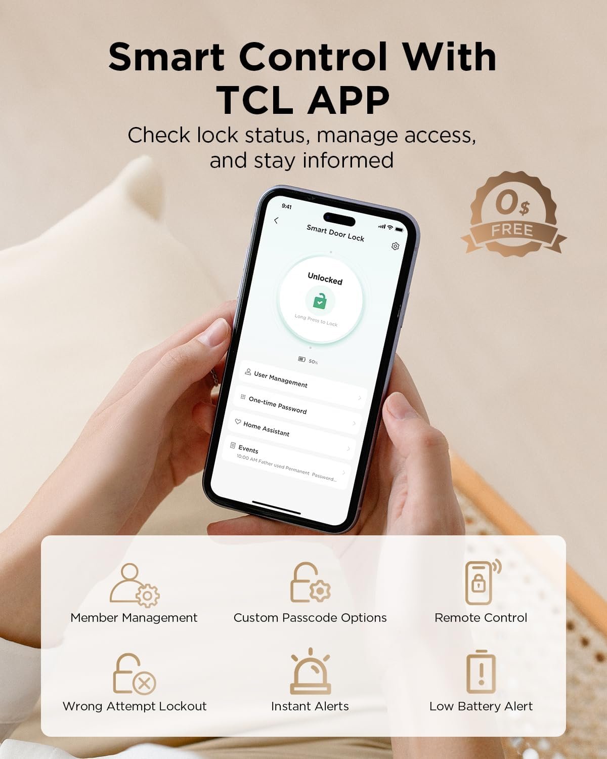 TCL D2 Pro Smart Lock, Palm Vein Recognition Keyless Entry with Built-in Doorbell, App Control, Auto Lock, Rechargeable Battery, for Home Security - Image 5