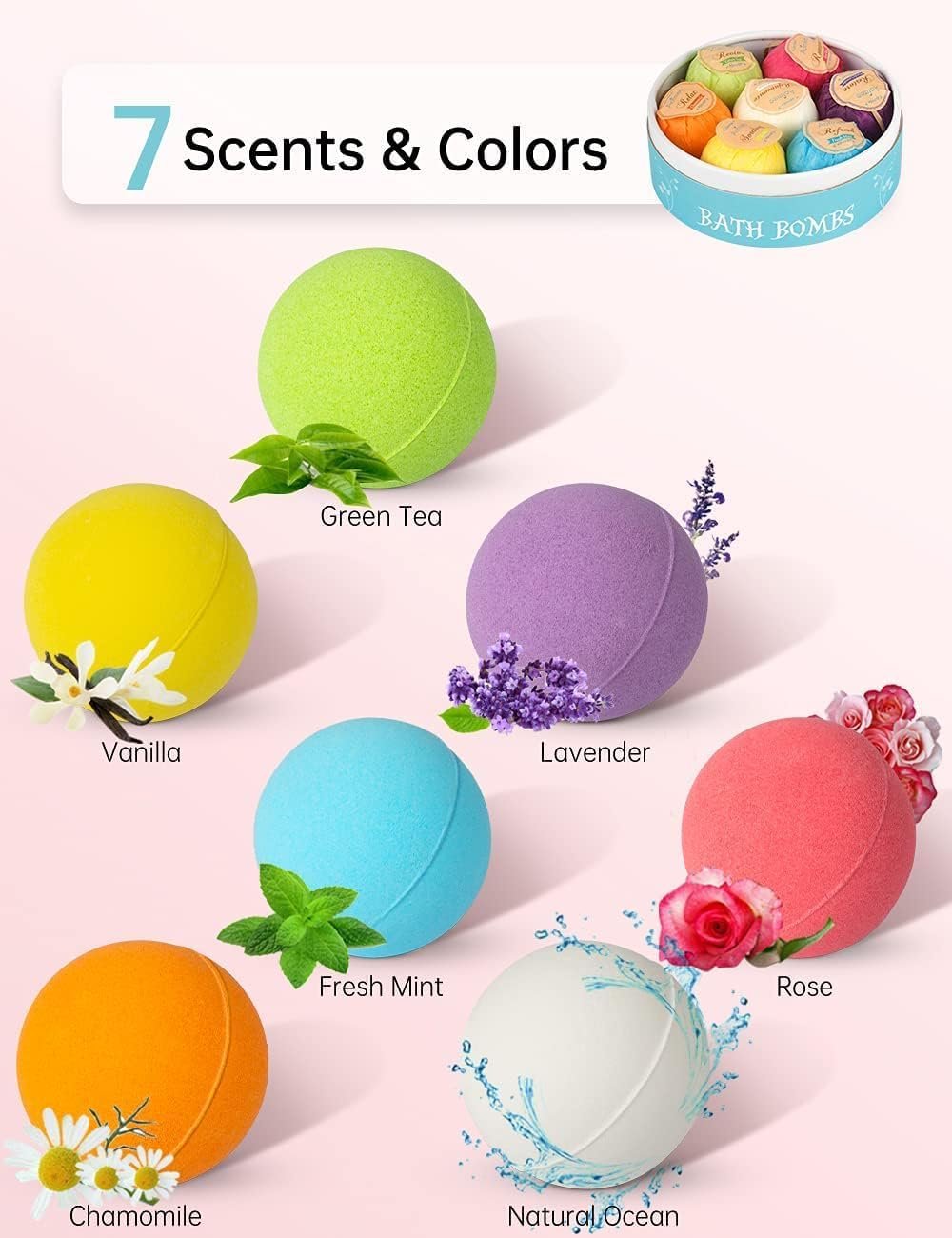 Aofmee Bath Bombs, 7pcs Bubble Bath Bombs for Women, Natural Handmade Fizzies Gift Set, Spa Organic Bathbombs for Kids, Essential Oil Personal Care Bath Gift for Birthday Mothers Day Christmas - Image 3