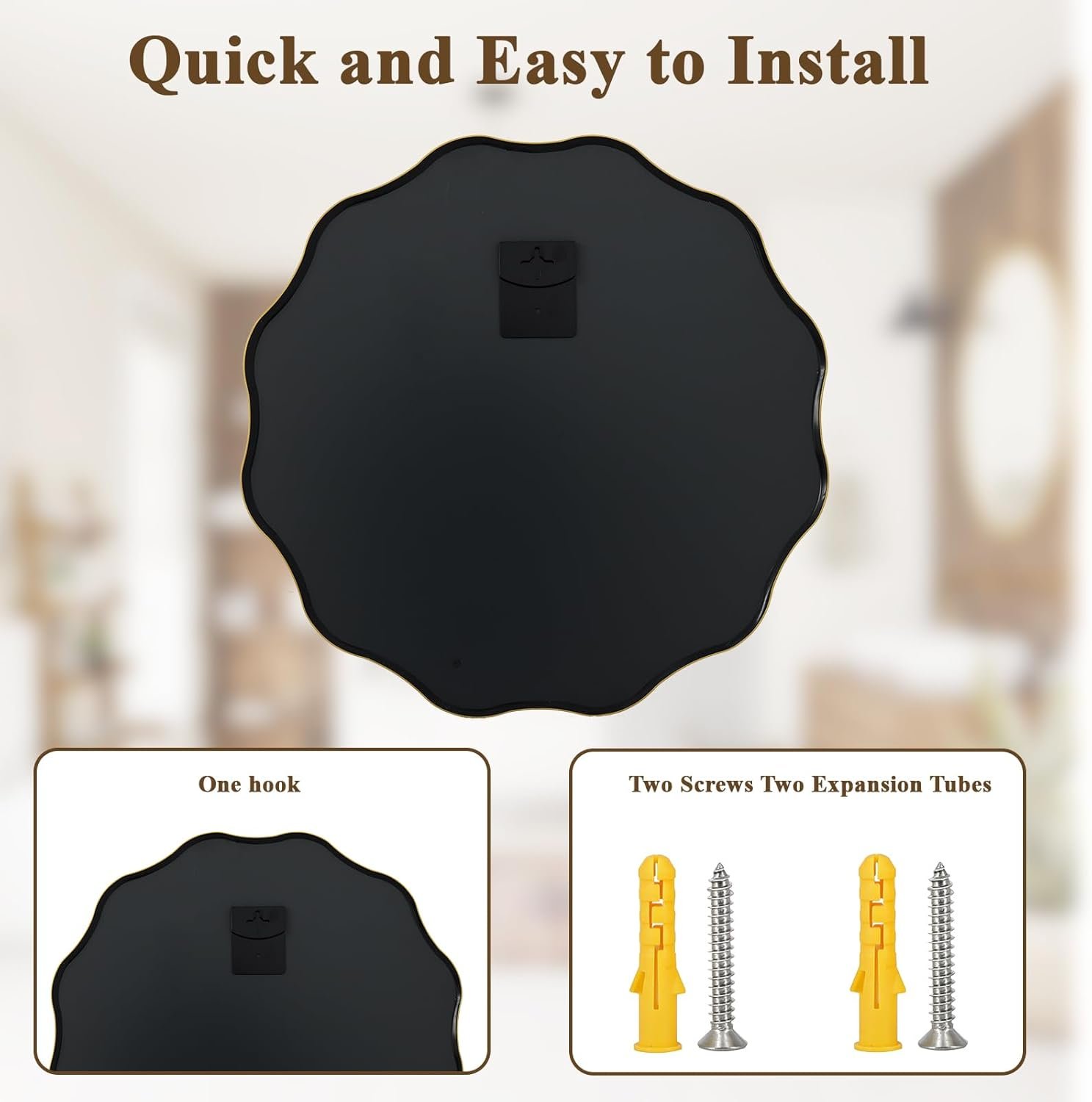 VooBang Gold Scalloped Circle Mirror, 24" Wavy Edge Round Wall Mirror with Tempered Glass Textured Circular Metal Deep Frame, Hanging Leaning for Bathroom, Hallway, Entryway, Livng Room - Image 6