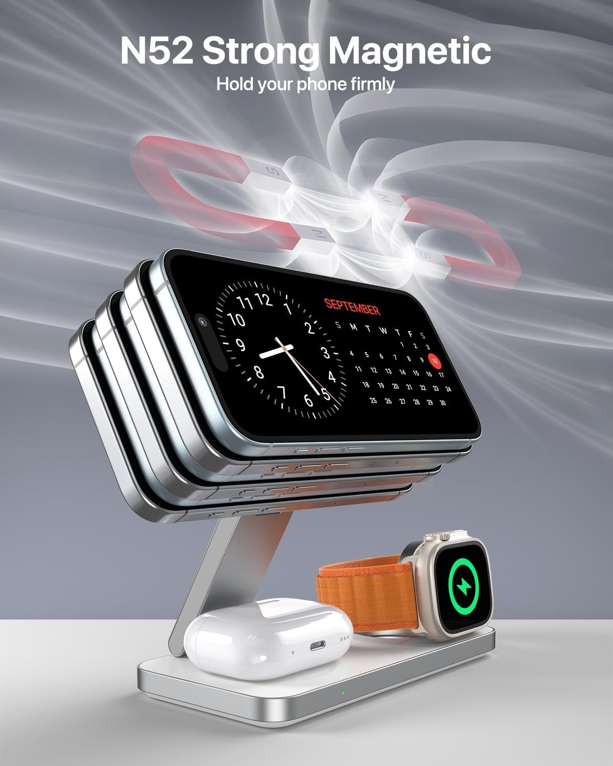 EXW Foldable 3 in 1 Wireless Charging Station for iPhone and Apple Watch,Compatible with Magsafe Charger Stand,Travel Bedside Fast Wireless Charger for iPhone 17e 17 Air 16 15 14 13 12 Series, Airpods - Image 3