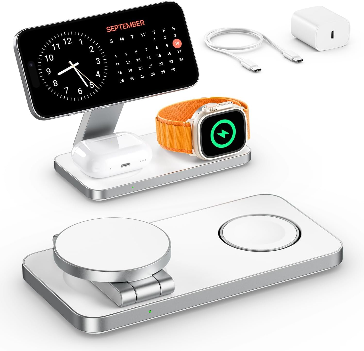 EXW Foldable 3 in 1 Wireless Charging Station for iPhone and Apple Watch,Compatible with Magsafe Charger Stand,Travel Bedside Fast Wireless Charger for iPhone 17e 17 Air 16 15 14 13 12 Series, Airpods