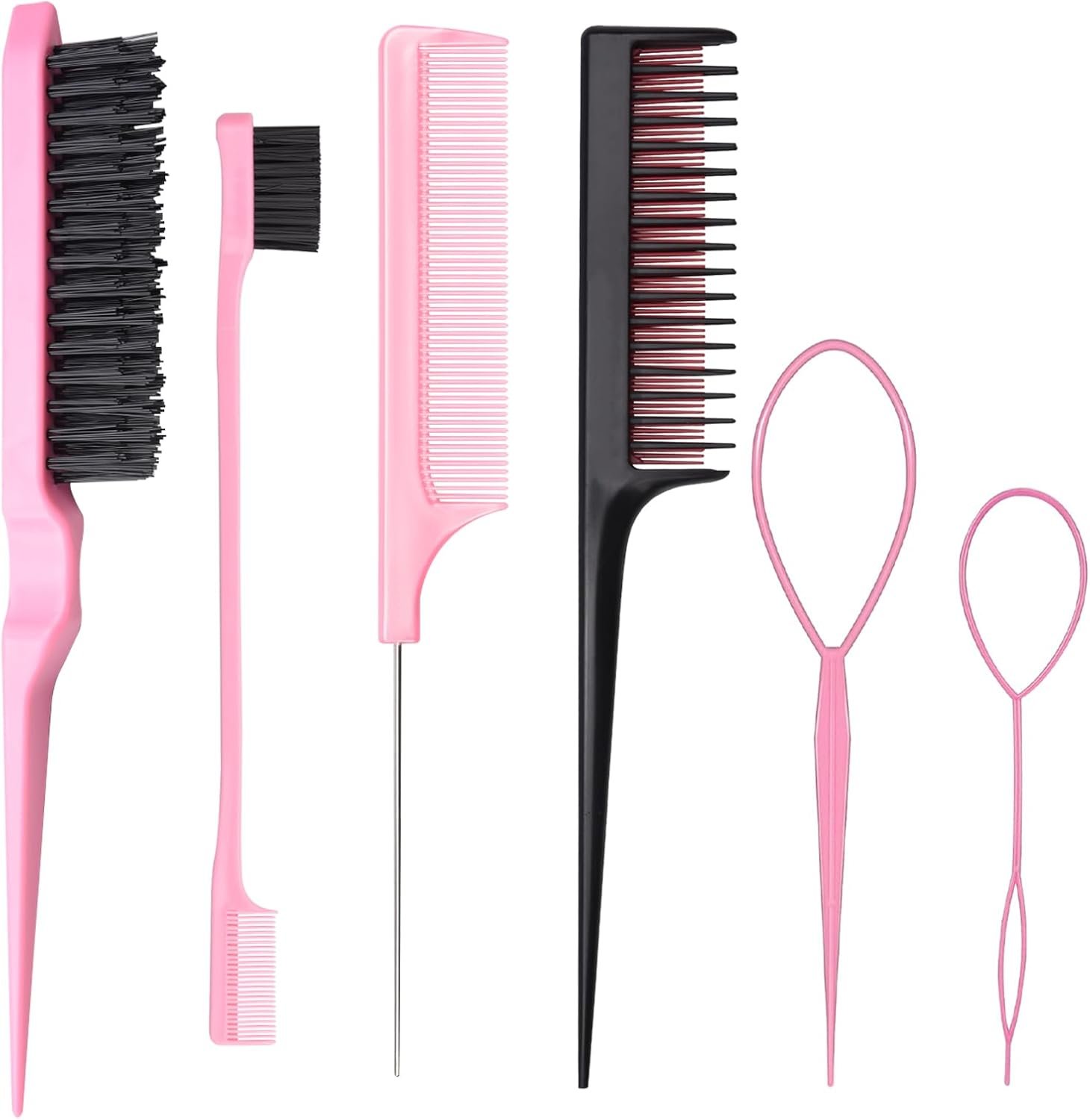 6 Pcs Hair Styling Comb Kit, Teasing Comb Brush Set Includes Fluffy Hair Brush, Double Sided Edge Control Brush, Triple Teasing Comb, Fine Metal Rat Tail Comb for Women Professional Barber (Pink)