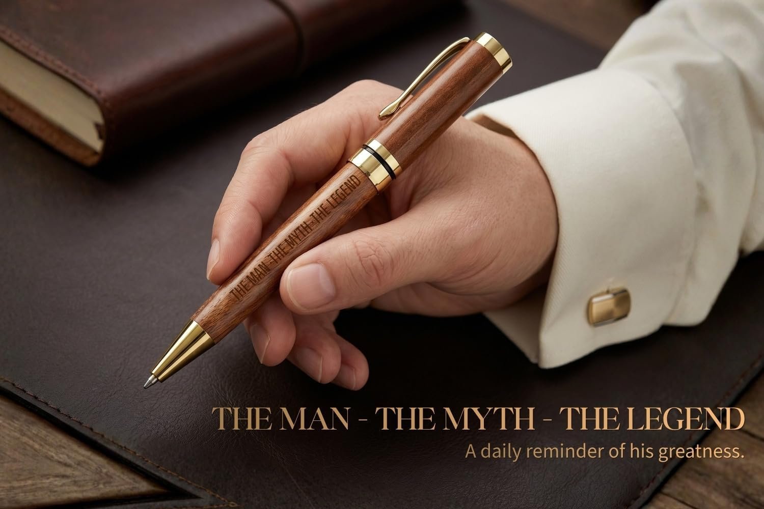 Onebttl Personalized Gifts for Men with Initials, Monogrammed Travel Tumbler for Him, Custom Notebook, Luxury Pen, Unique Birthday Christmas Gifts for Men who Have Everything, Wood, R - Image 4