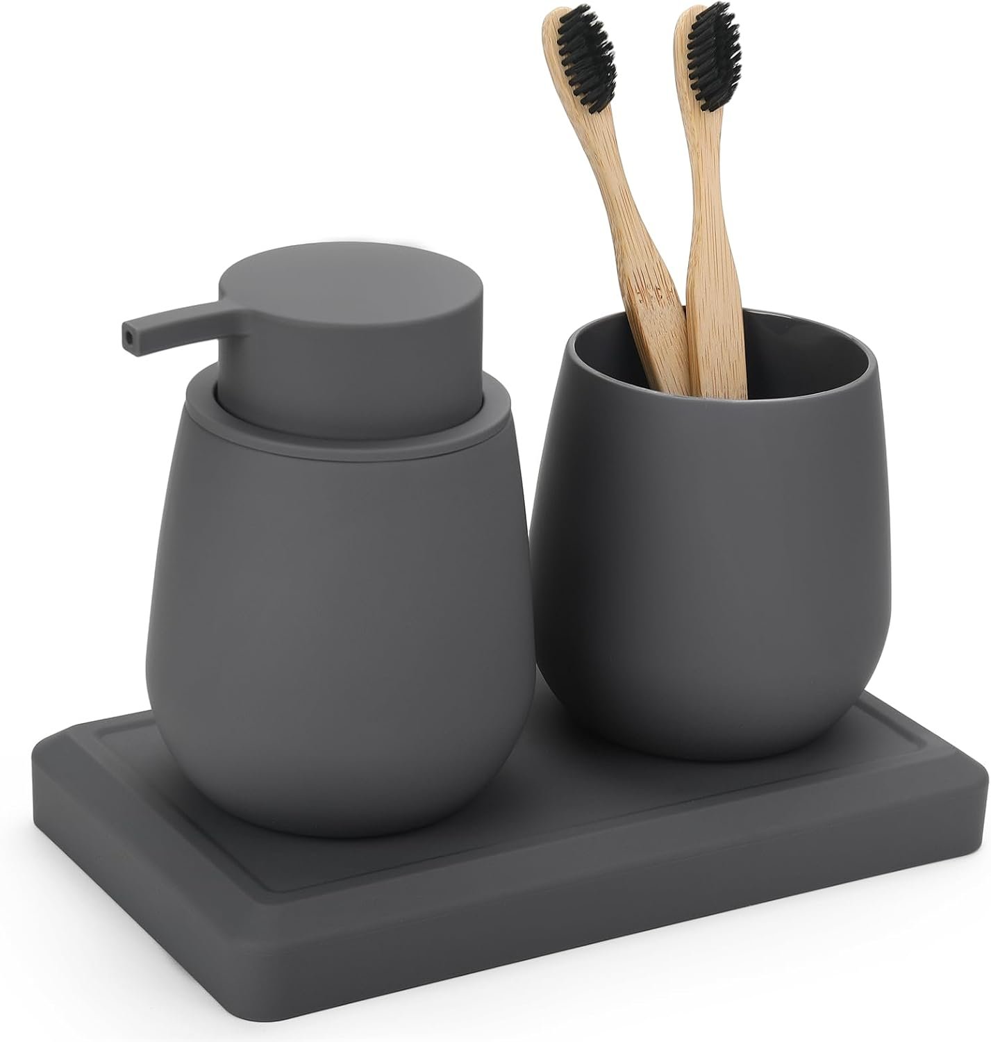 Gray Bathroom Accessories Set, Modern 3 Pcs Bathroom Essentials - Soap Dispenser, Toothbrush Holder & Tray, Countertop Vanity Organizer (Gray)