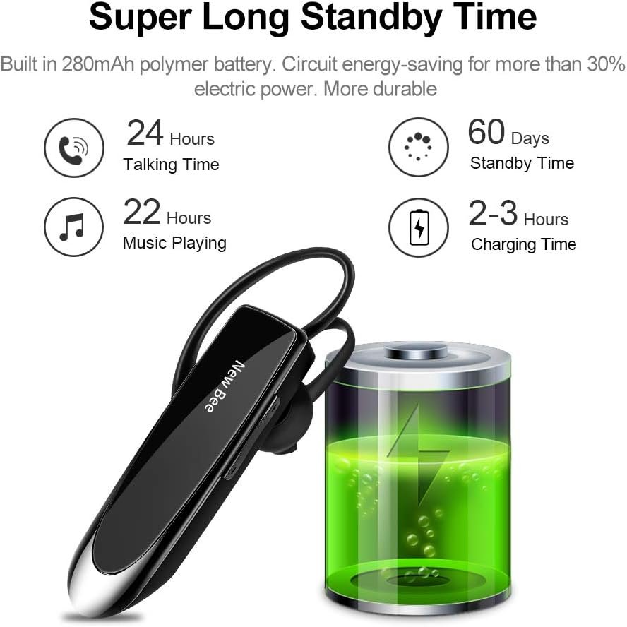 Bluetooth Headset New Bee 24Hrs V5.0 Bluetooth Earpiece Wireless Handsfree Driving Headset with Noise Canceling Mic Headset Case for iPhone Samsung Android Mobile Cell Phone Tablets Office - Image 3