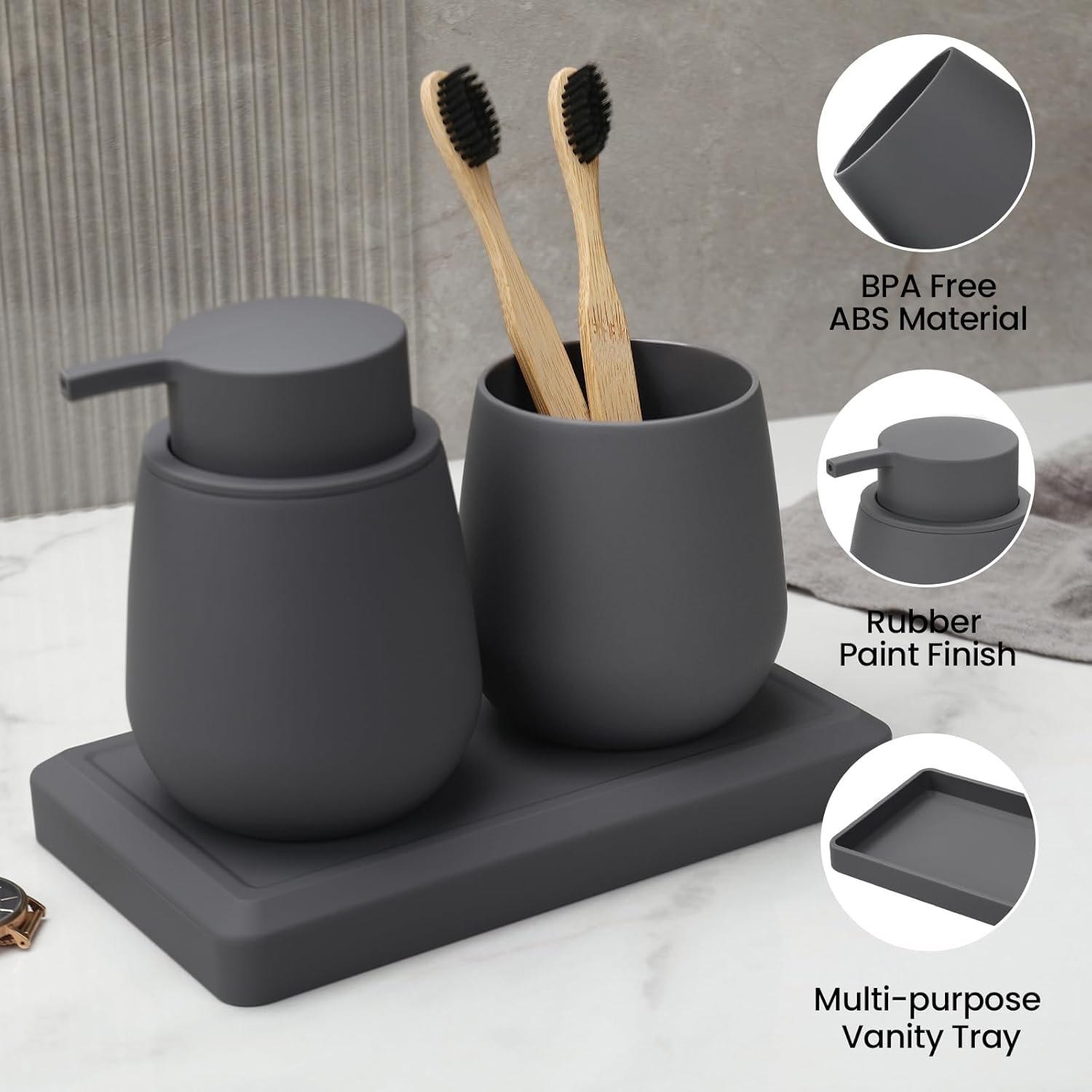 Gray Bathroom Accessories Set, Modern 3 Pcs Bathroom Essentials - Soap Dispenser, Toothbrush Holder & Tray, Countertop Vanity Organizer (Gray) - Image 7