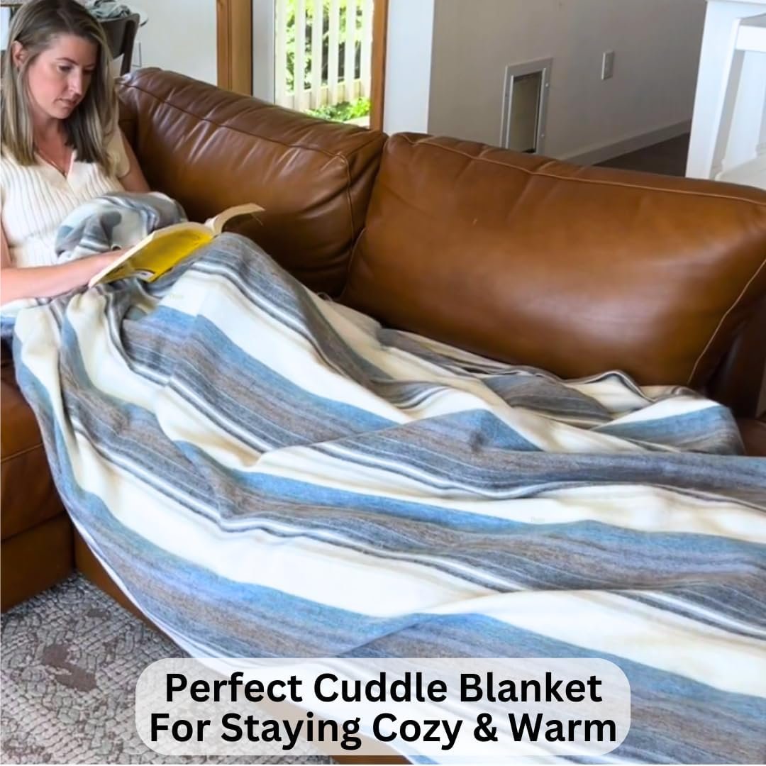 DAVLINA, Alpaca Wool Throw Blanket | Super Soft, Lightweight, Breathable and Hypoallergenic | Non-Itchy or Scratchy (Blue White Varicolored, Striped) - Image 7