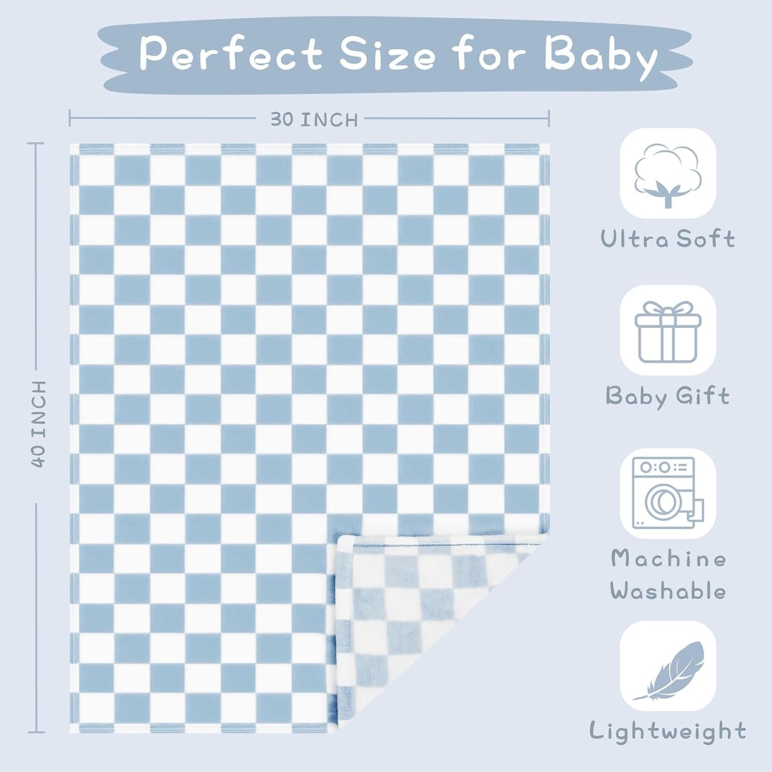 Yurhap Checkered Baby Blanket Fleece Baby Blankets for Boys, Ultra Soft Cozy Fluffy Infant Toddler Newborn Receiving Blankets for Crib Stroller, 30''x40'', Blue - Image 4
