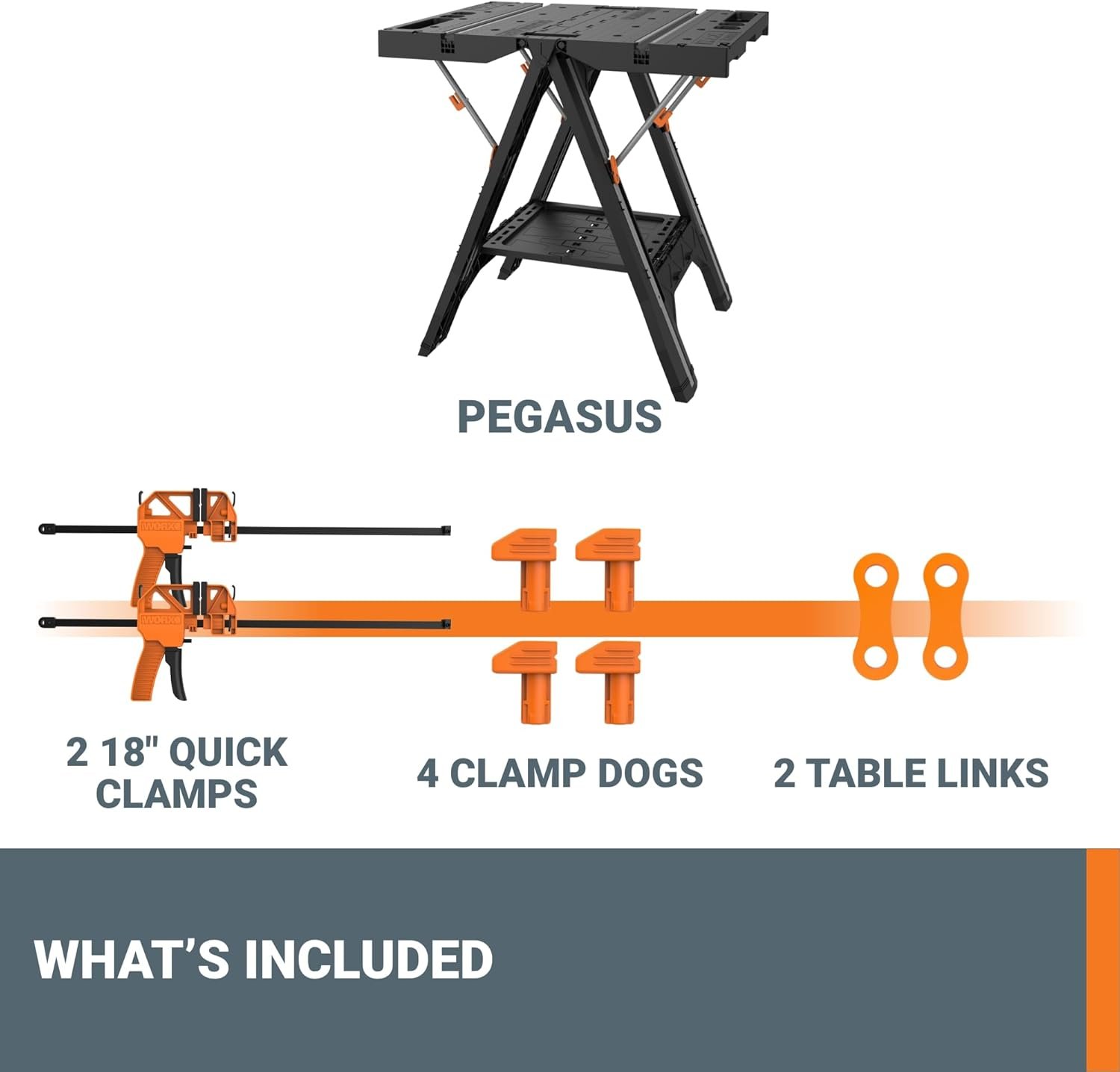 Worx Pegasus 2-in-1 Folding Work Table & Sawhorse, Easy Setup Portable Workbench, 31" W x 25" D x 32" H Lightweight Worktable with Heavy-Duty Load Capacity, WX051 - Includes 2 Clamps & 4 Clamp Dogs - Image 6