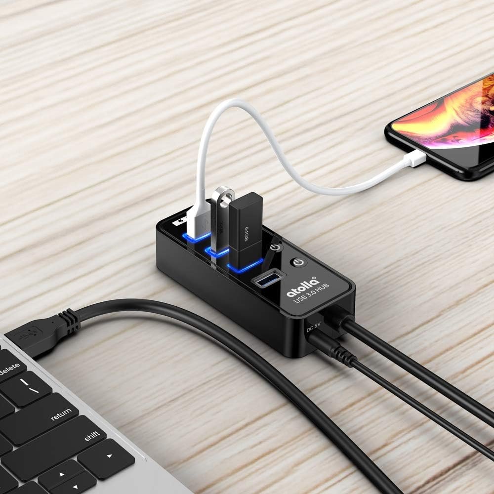 atolla USB hub 3.0 Powered, USB Splitter 4 Port Super Speed USB 3.0 Extension + 1 Charging Port, with Independent on-Off Switch and 5V / 3A AC Adapter - Image 7