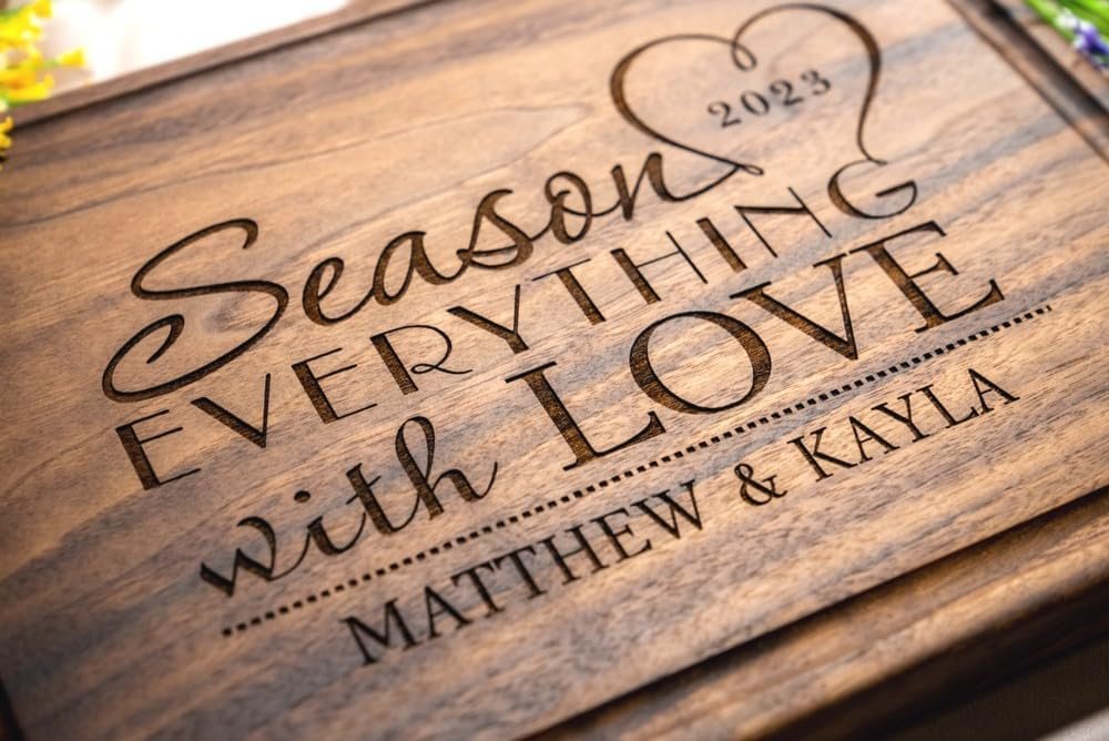 Personalized Cutting Board, Custom Wedding, Anniversary or Housewarming Gift Idea, Wood Engraved Charcuterie, for Newlywed Couples or Family, Season with Love Design 032 - Image 2