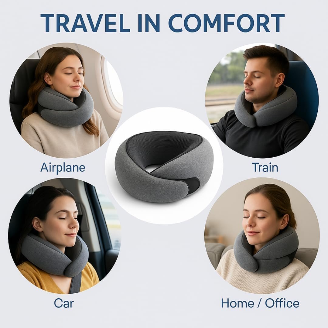 Travel Neck Pillow with Memory Foam & Chin Support – Includes Cute Macaron EVA Water-Resistant Carry Case, Eye Mask & Ear Plugs (Light Gray) - Image 7