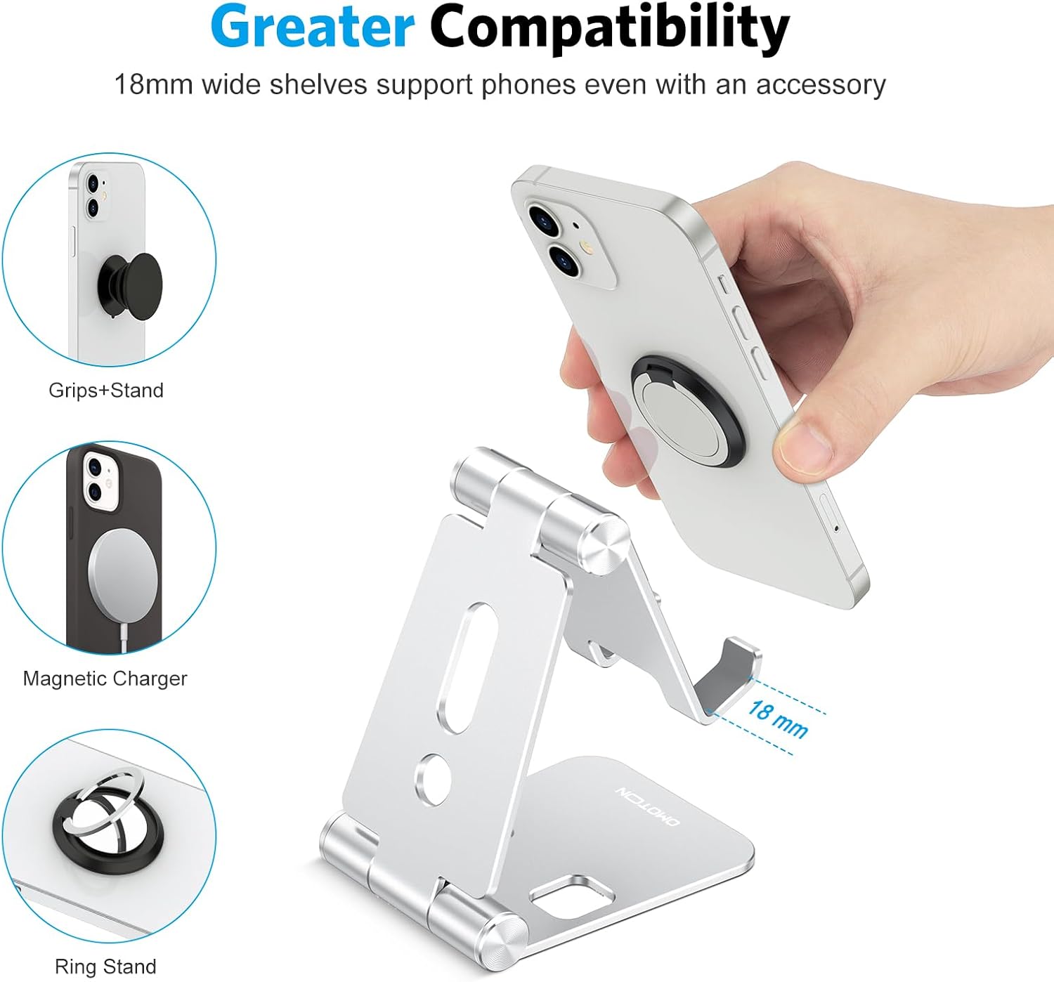 OMOTON Foldable Cell Phone Stand, C4 Portable Aluminum Phone Holder, Adjustable Phone Dock Cradle for iPhone 17/16/15 Pro Max Air, Small Tablets, All Smart Phones for Women Men Gift, Silver - Image 7